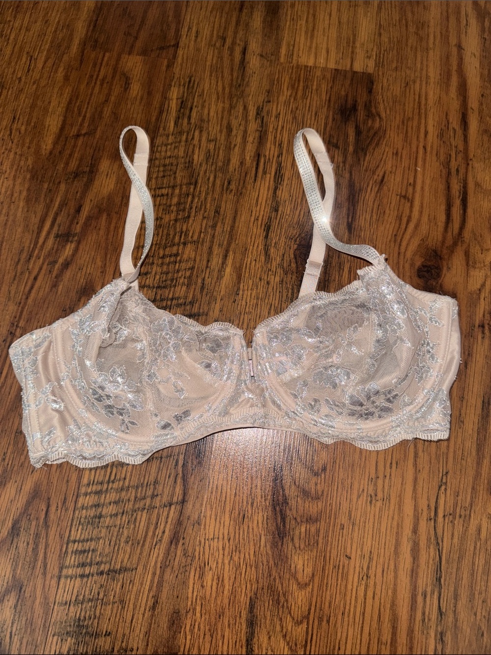 Sheer Lace Underwire Bra in Nude with Silver Embroidery 29.T